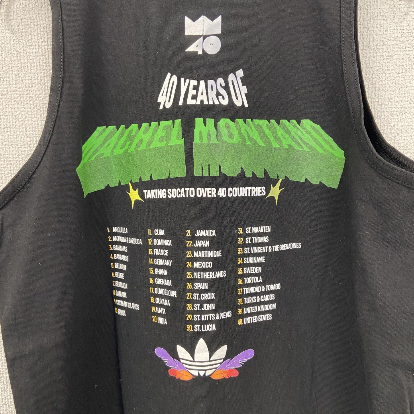 古着 used　adidas　アディダス　タンクトップビッグプリントシャツ　マシェル モンタノ　クルーネック　黒　Mサイズ