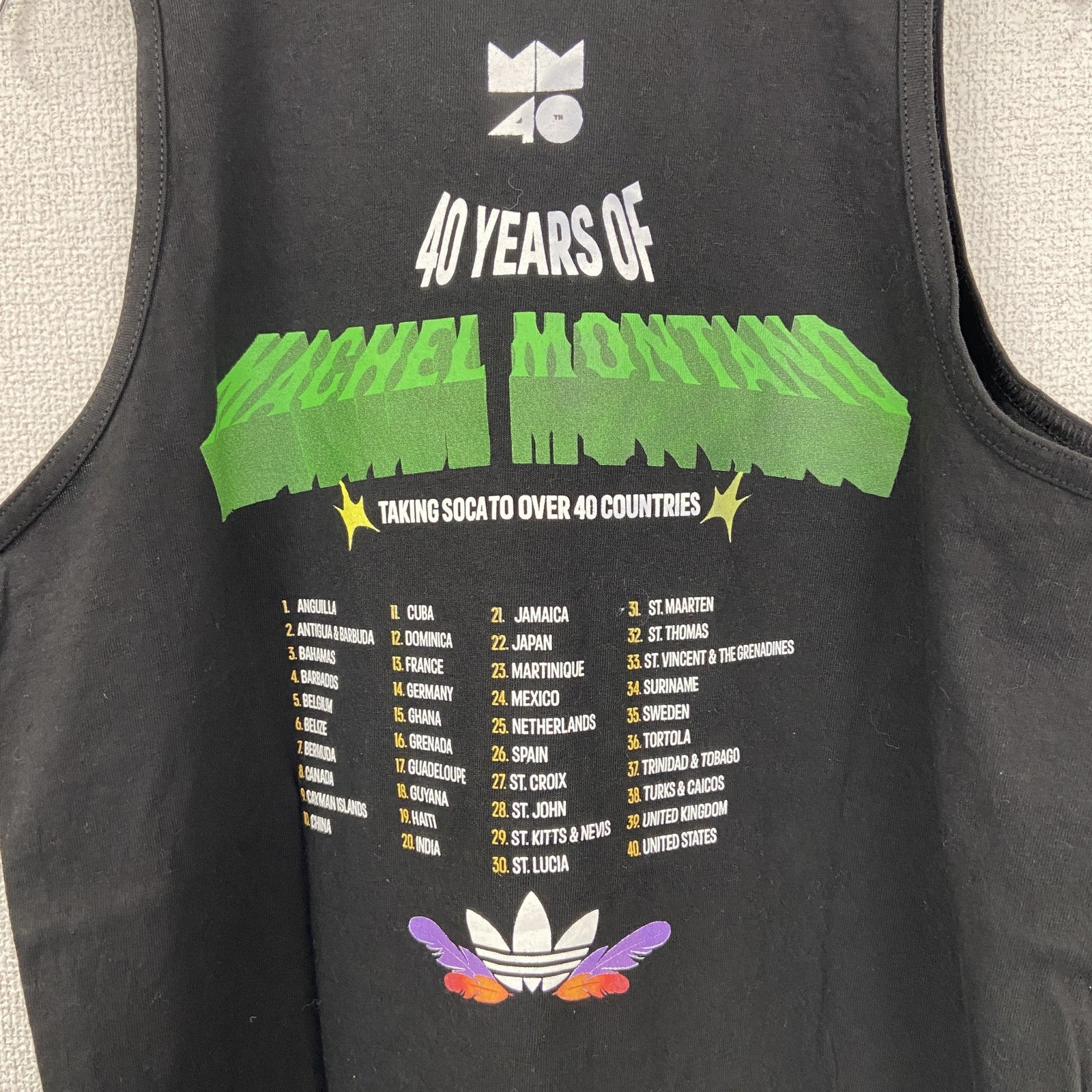 古着 used　adidas　アディダス　タンクトップビッグプリントシャツ　マシェル モンタノ　クルーネック　黒　Mサイズ
