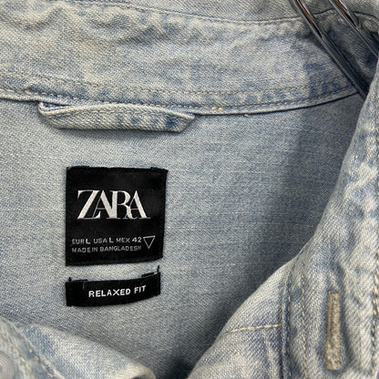 ZARA　ザラ　RELAXED FIT　長袖デニムシャツジャケット　フェード　2つポケット　ペイントデザイン　インディゴ　Lサイズ