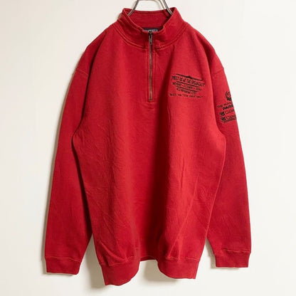 PERRIN WEAR　ハーフジップスウェット/トレーナー　刺繍ロゴ　7連プリント　ビックシルエット　赤　レッド　Mサイズ