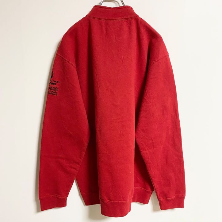 PERRIN WEAR　ハーフジップスウェット/トレーナー　刺繍ロゴ　7連プリント　ビックシルエット　赤　レッド　Mサイズ