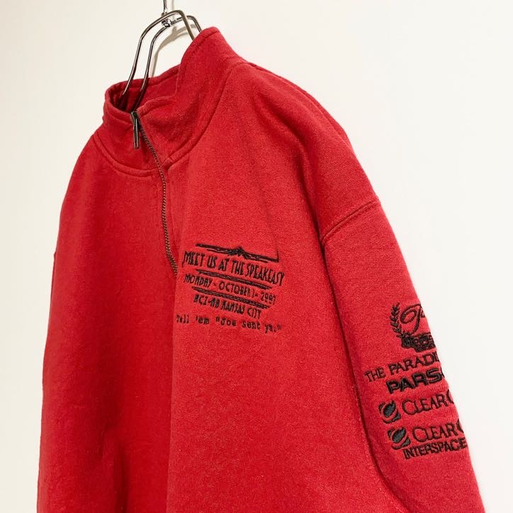 PERRIN WEAR　ハーフジップスウェット/トレーナー　刺繍ロゴ　7連プリント　ビックシルエット　赤　レッド　Mサイズ