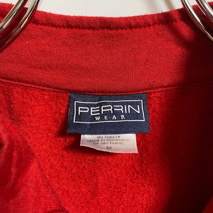 PERRIN WEAR　ハーフジップスウェット/トレーナー　刺繍ロゴ　7連プリント　ビックシルエット　赤　レッド　Mサイズ