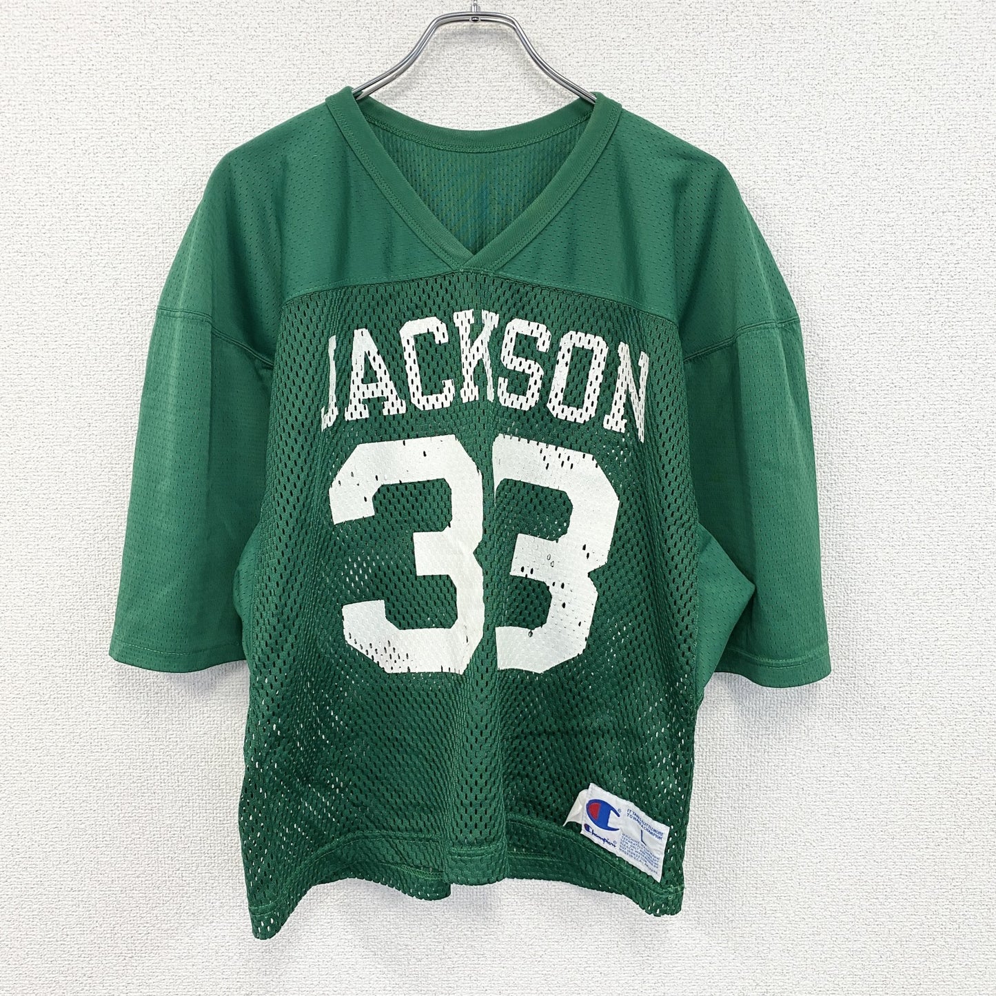 90s　Champion　チャンピオン　半袖プリントTシャツ　ゲームシャツ　JACKSON　緑　グリーン　Lサイズ