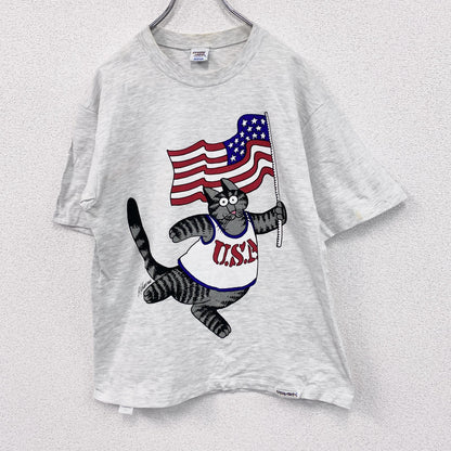 90s　crazy shirts　半袖プリントTシャツ　クリバンキャット　星条旗　灰色　グレー　Mサイズ