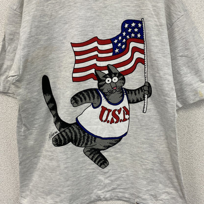 90s　crazy shirts　半袖プリントTシャツ　クリバンキャット　星条旗　灰色　グレー　Mサイズ