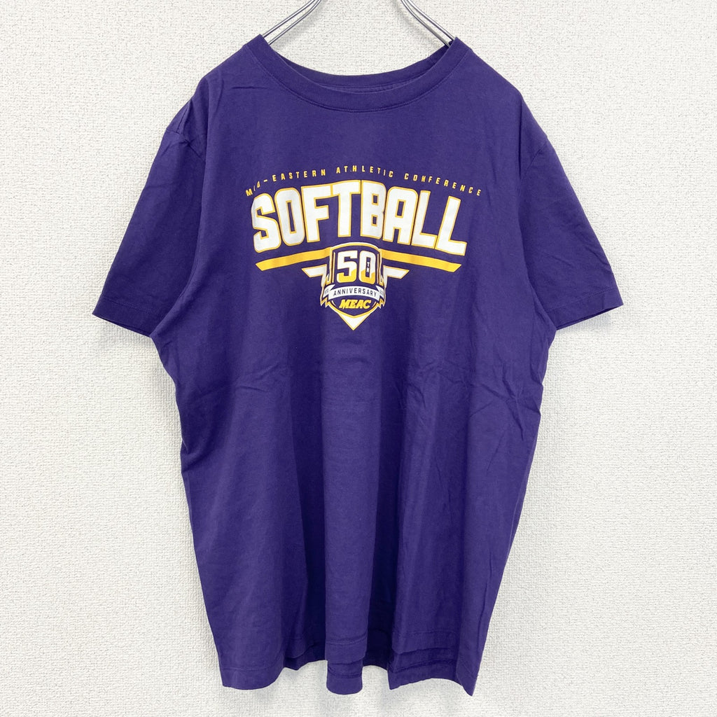 古着 used　NIKE ナイキ　半袖プリントTシャツ　ソフトボール　クルーネック　スウッシュロゴ　紫　パープル　XLサイズ
