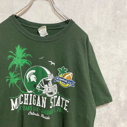 古着 used　GILDAN　MICHIGAN STATE　半袖プリントTシャツ　バックプリント　アメフト　緑　Lサイズ