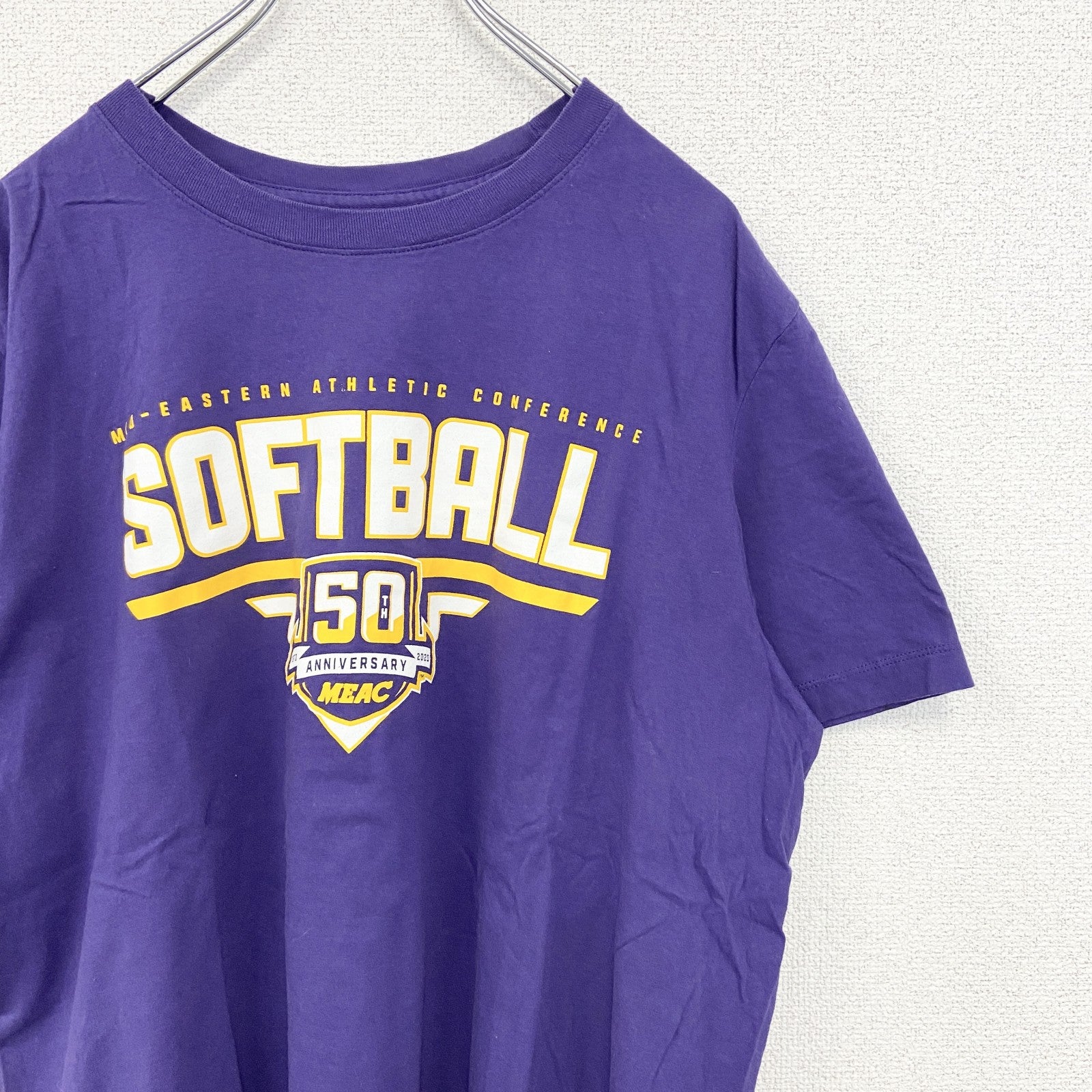 古着 used　NIKE ナイキ　半袖プリントTシャツ　ソフトボール　クルーネック　スウッシュロゴ　紫　パープル　XLサイズ