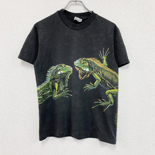 90s　Hanes　ヘインズ　半袖アニマルプリントTシャツ　ヴィンテージ　黒　ブラック　Sサイズ