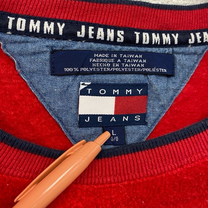 90s　TOMMY JEANS　トミージーンズ　フリースプルオーバー　ヴィンテージ　赤　レッド　Lサイズ