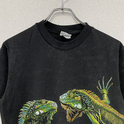 90s　Hanes　ヘインズ　半袖アニマルプリントTシャツ　ヴィンテージ　黒　ブラック　Sサイズ