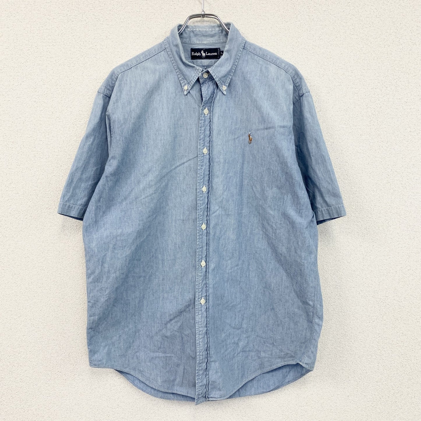 90s～　Ralph Lauren　ラルフローレン　半袖シャツ　シャンブレーシャツ　ボタンダウンシャツ　ブルー　Lサイズ
