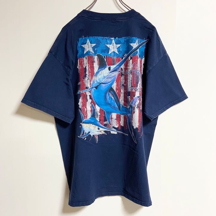 古着 used　GuyHarvey　半袖ワンポイントTシャツ　バックプリント　魚　カジキ　胸ポケット　紺　ネイビー　Lサイズ