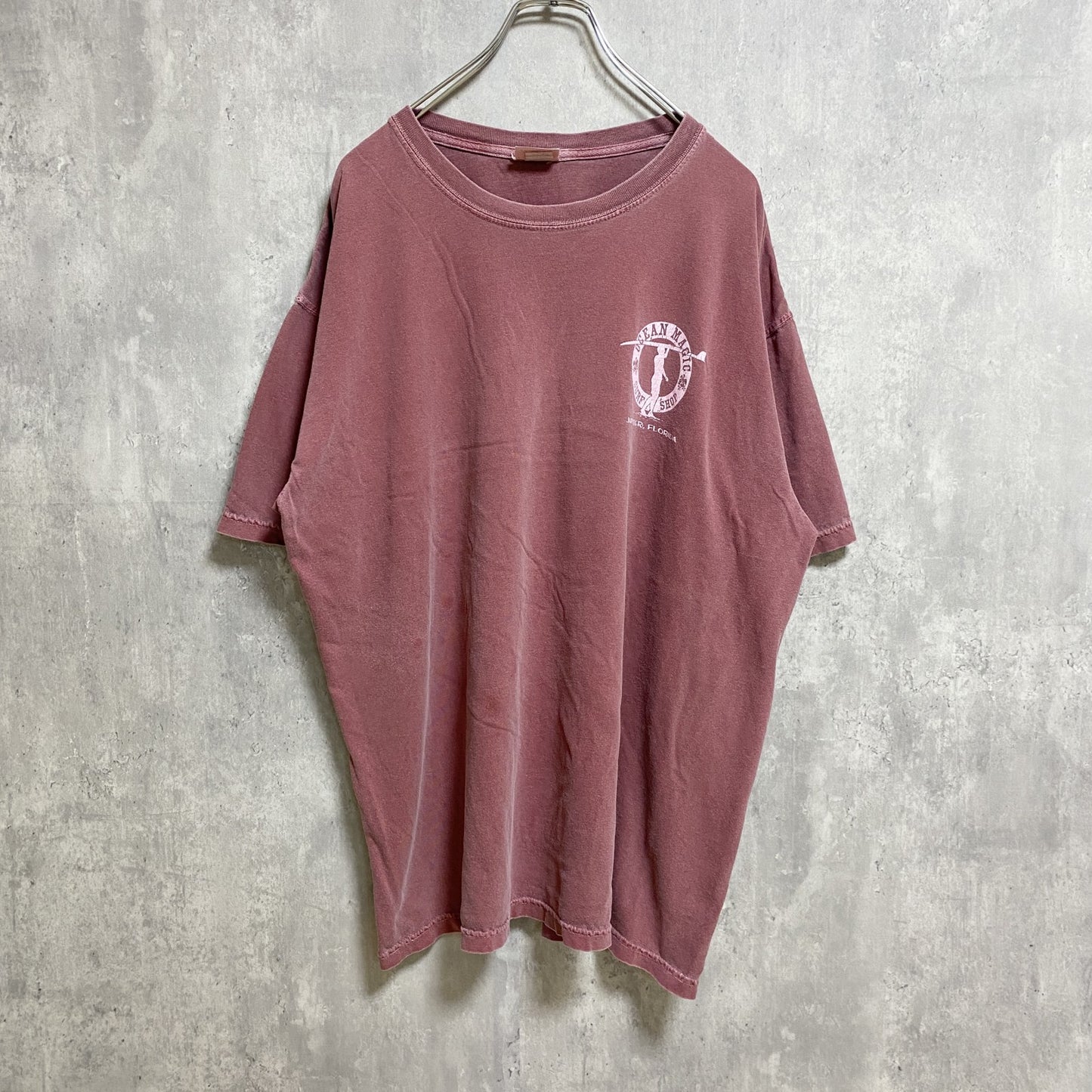 古着 used　OCEAN MAGIC　半袖ワンポイントTシャツ　バックプリント　くすみカラー　褪せ感　ピンク　ビッグシルエット