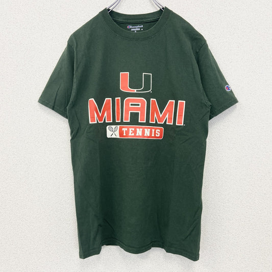 古着 used　champion チャンピオン　半袖カレッジプリントTシャツ　マイアミ大学　テニス　クルーネック　緑　Sサイズ