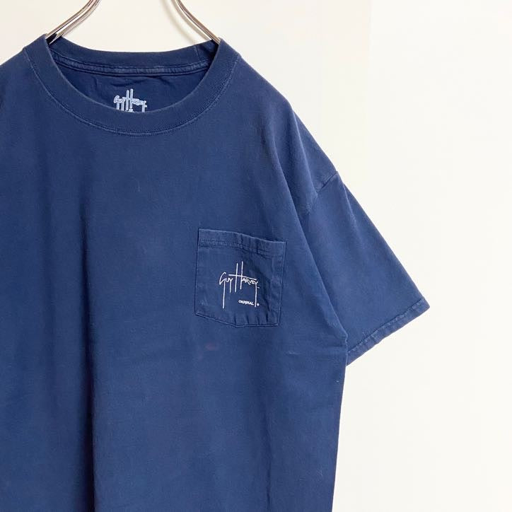 古着 used　GuyHarvey　半袖ワンポイントTシャツ　バックプリント　魚　カジキ　胸ポケット　紺　ネイビー　Lサイズ