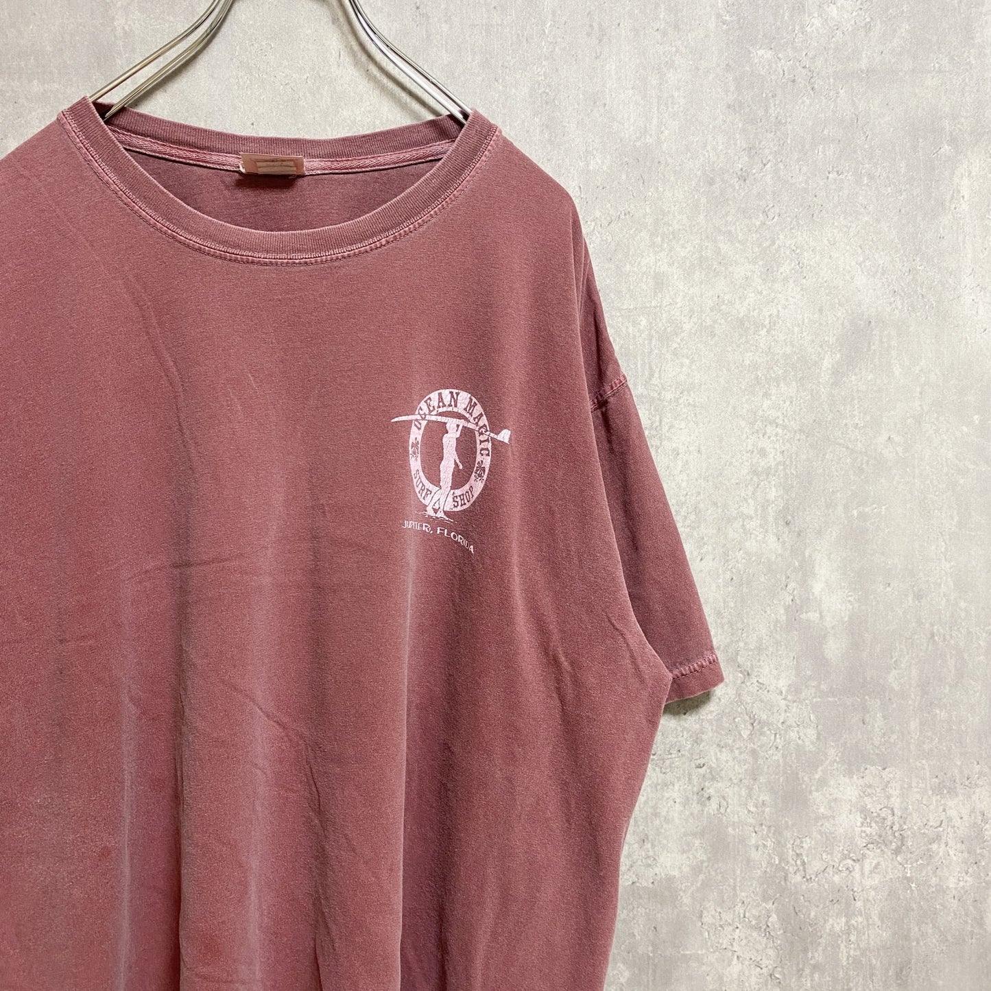 古着 used　OCEAN MAGIC　半袖ワンポイントTシャツ　バックプリント　くすみカラー　褪せ感　ピンク　ビッグシルエット