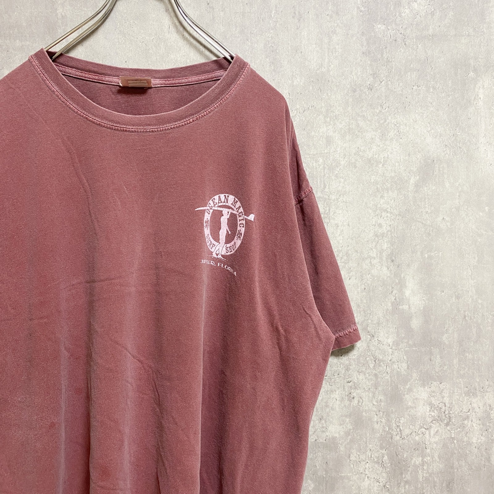 古着 used　OCEAN MAGIC　半袖ワンポイントTシャツ　バックプリント　くすみカラー　褪せ感　ピンク　ビッグシルエット