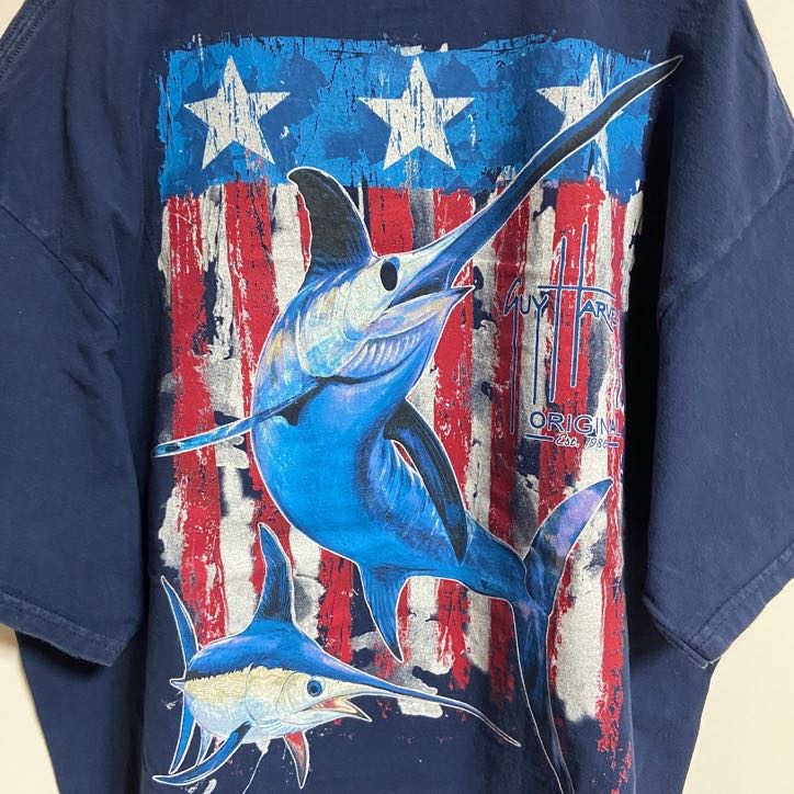 古着 used　GuyHarvey　半袖ワンポイントTシャツ　バックプリント　魚　カジキ　胸ポケット　紺　ネイビー　Lサイズ