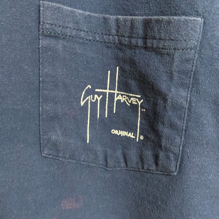 古着 used　GuyHarvey　半袖ワンポイントTシャツ　バックプリント　魚　カジキ　胸ポケット　紺　ネイビー　Lサイズ