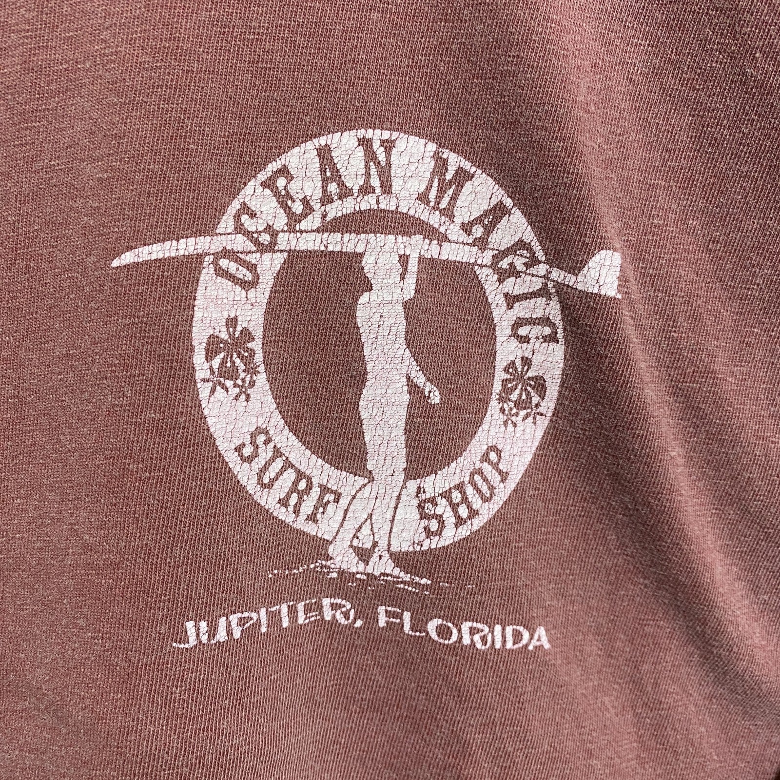 古着 used　OCEAN MAGIC　半袖ワンポイントTシャツ　バックプリント　くすみカラー　褪せ感　ピンク　ビッグシルエット