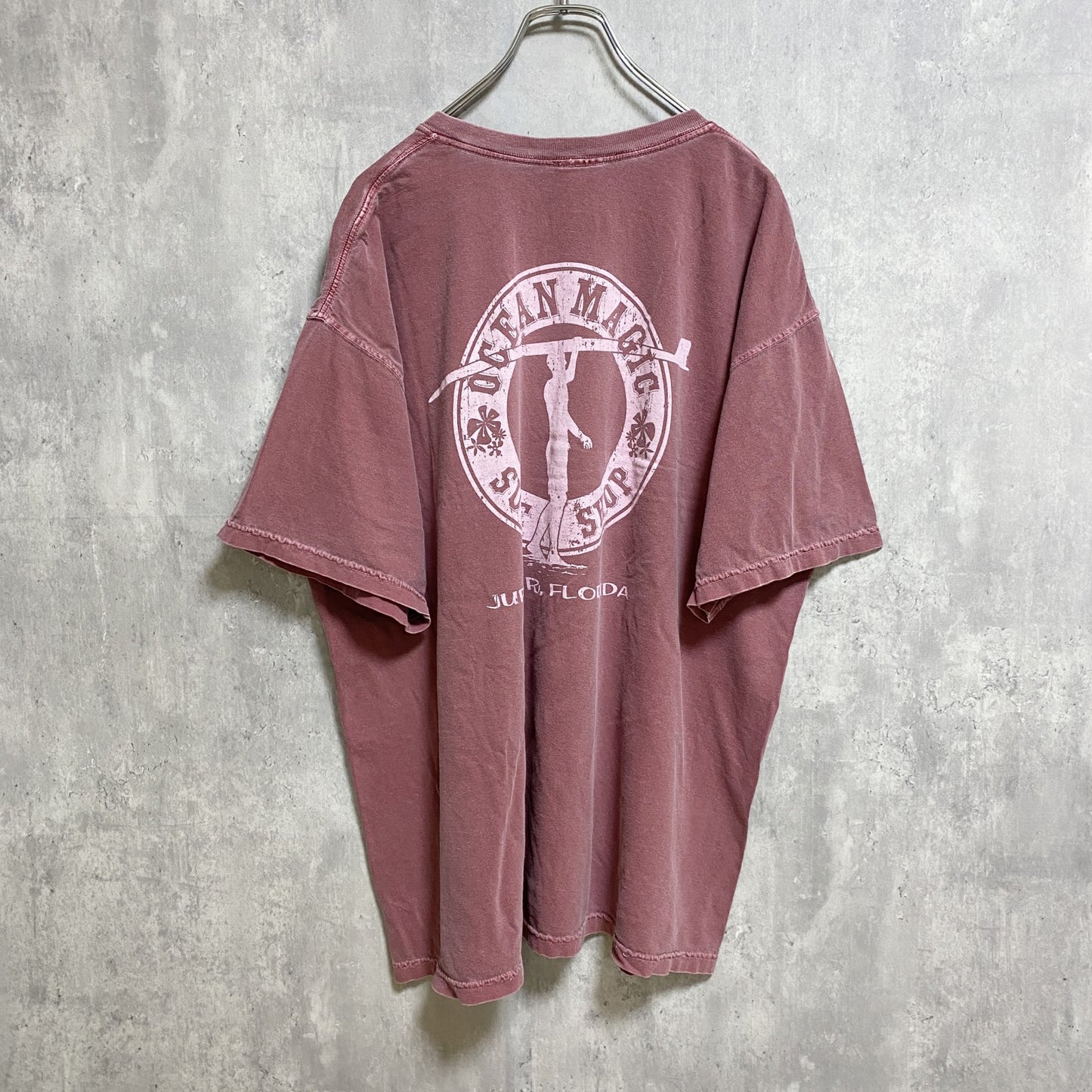 古着 used　OCEAN MAGIC　半袖ワンポイントTシャツ　バックプリント　くすみカラー　褪せ感　ピンク　ビッグシルエット