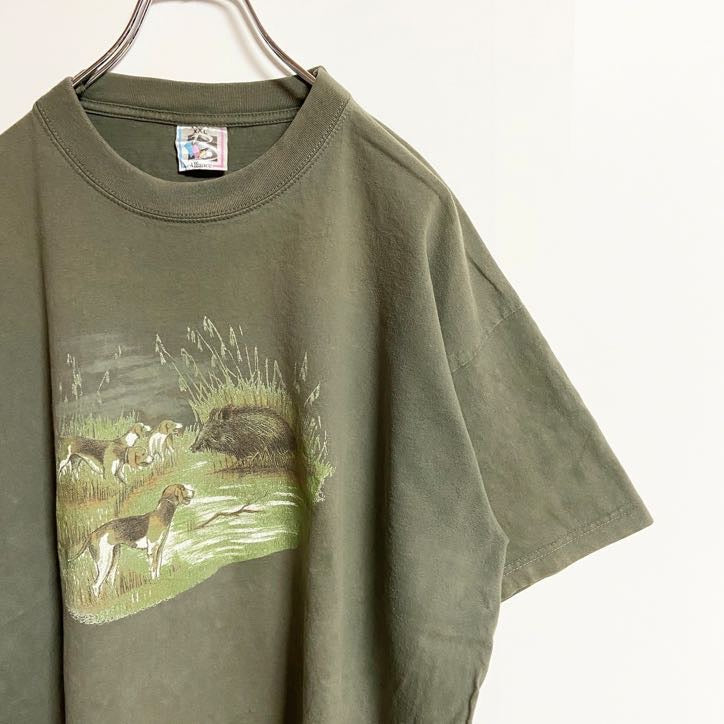 古着 used　Alliance　半袖アニマル柄プリントTシャツ　犬　イノシシ　緑　春夏服　ビッグシルエット　2XLサイズ