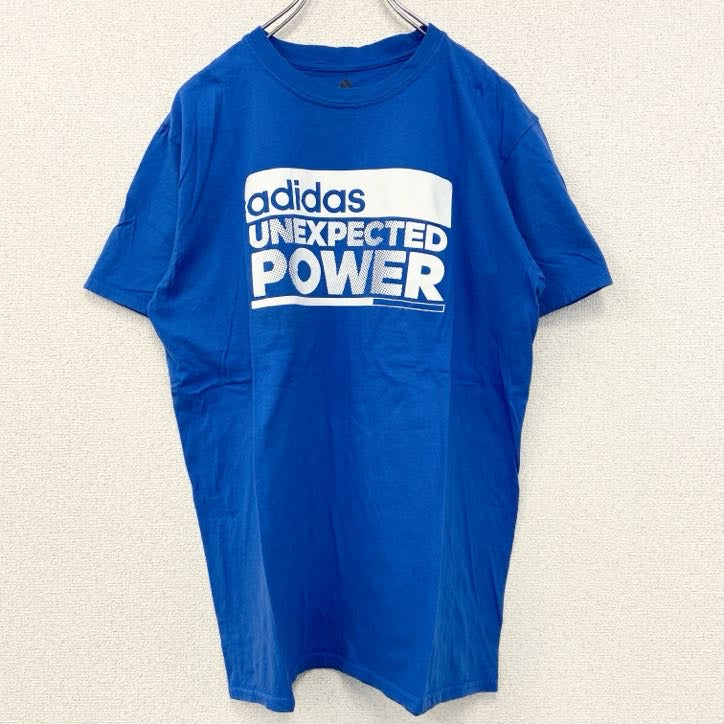 古着 used　adidas アディダス　半袖プリントTシャツ　レトロデザイン　クルーネック　青　ブルー　Lサイズ