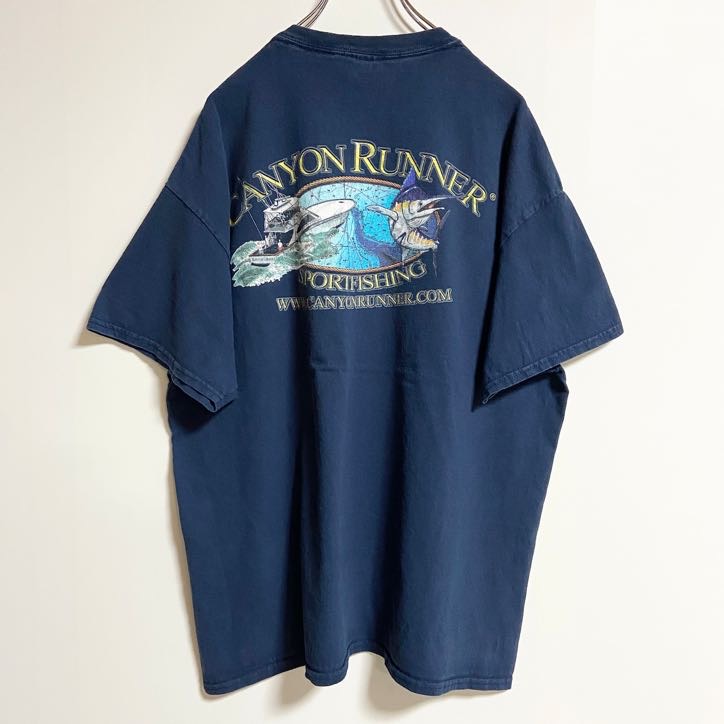 古着 used　GILDAN　ギルダン　半袖バックプリントTシャツ　ワンポイント　クルーネック　魚　船　ネイビー　紺　春夏服