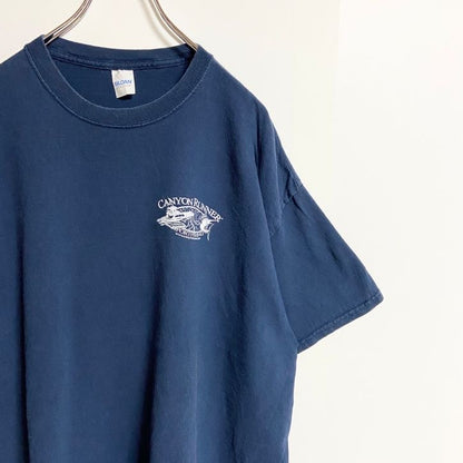 古着 used　GILDAN　ギルダン　半袖バックプリントTシャツ　ワンポイント　クルーネック　魚　船　ネイビー　紺　春夏服