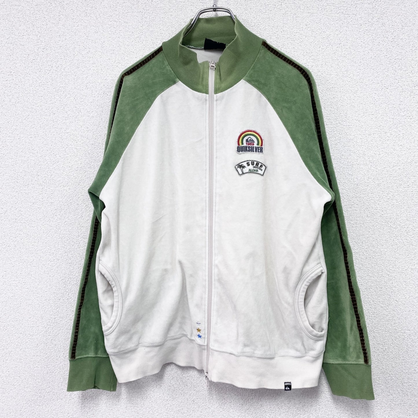 Quiksilver　クイックシルバー　フルジップベロアトラックジャケット/ジャージ　ホワイト　グリーン　Mサイズ