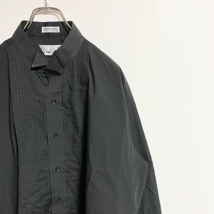 古着 used　Chaplin　長袖無地プリーツシャツ　黒　ブラック　秋冬服　レトロ　ビッグシルエット　XLサイズ
