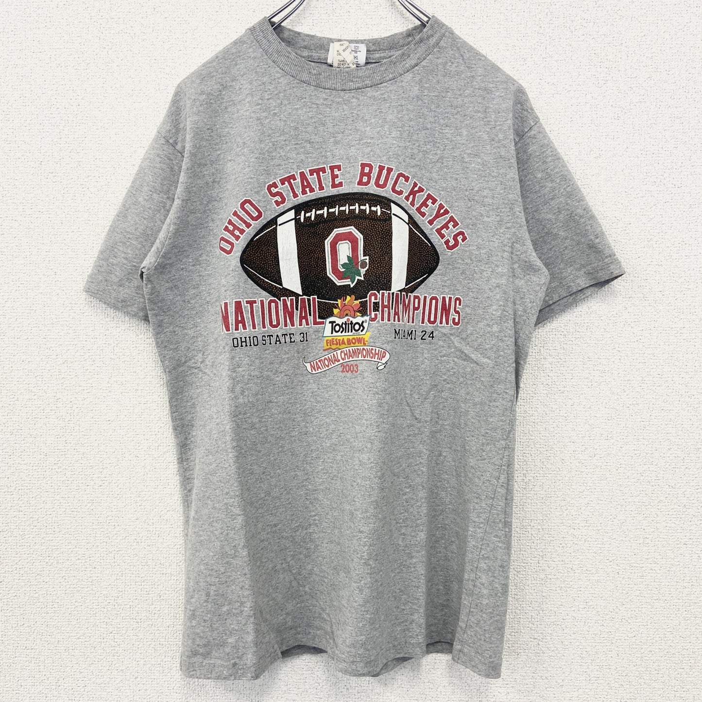 古着 used　champion　チャンピオン　半袖プリントTシャツ　オハイオステートバックアイズ　フットボール　グレー　Ｍサイズ
