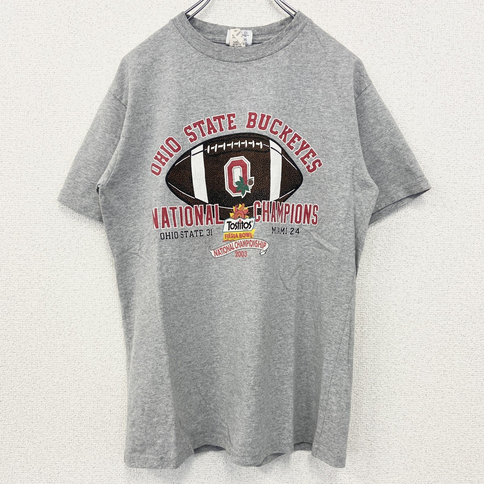 古着 used　champion　チャンピオン　半袖プリントTシャツ　オハイオステートバックアイズ　フットボール　グレー　Ｍサイズ