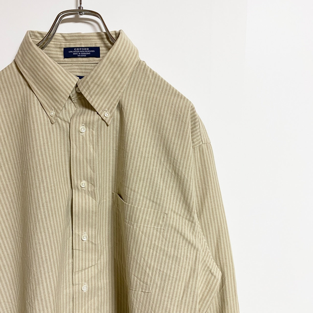 古着 used　DOVER　長袖ストライプ柄デザインシャツ　オックスフォードシャツ　キャメル　ベージュ　秋冬服　レトロ