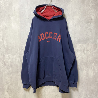 古着 used　NIKE ナイキ　SOCCER　長袖プリントパーカー　スウェット　ネイビー　ロゴ刺繍　オーバーサイズ　XXLサイズ