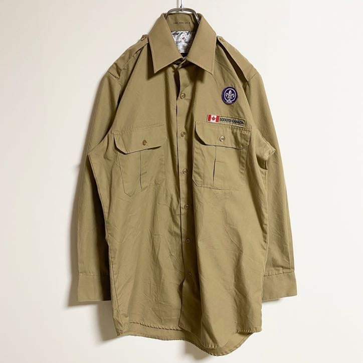 古着 used　SCOUTSCANADA　長袖スカウトシャツ　ワークシャツ　ワッペン付き　ベージュ　茶色　秋冬服　レトロ　Sサイズ