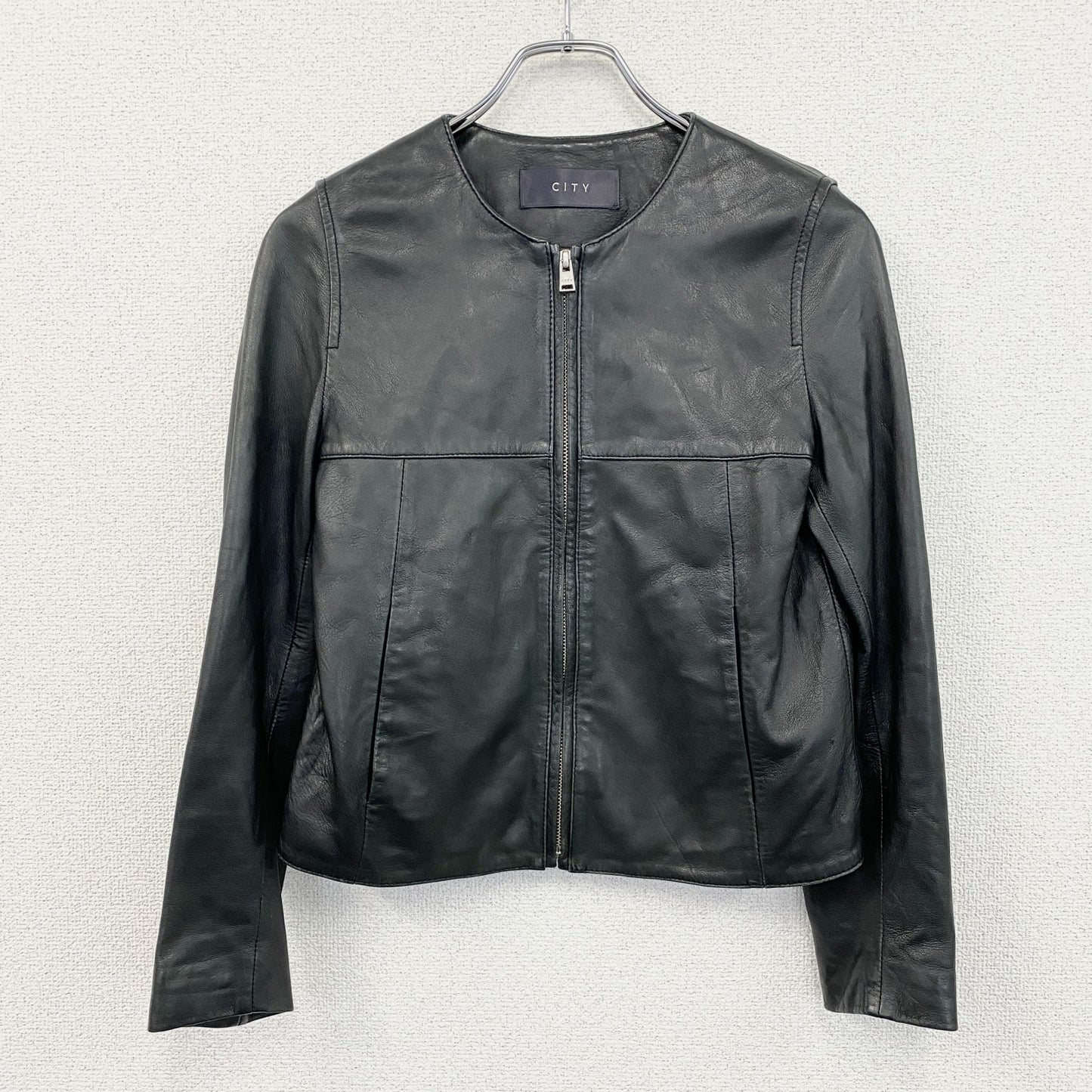 CITY　シティ　ノーカラーラムレザージャケット　シングルライダースジャケット　黒　ブラック　0サイズ