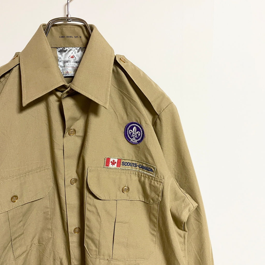古着 used　SCOUTSCANADA　長袖スカウトシャツ　ワークシャツ　ワッペン付き　ベージュ　茶色　秋冬服　レトロ　Sサイズ
