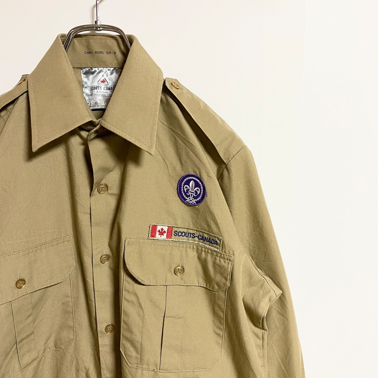 古着 used　SCOUTSCANADA　長袖スカウトシャツ　ワークシャツ　ワッペン付き　ベージュ　茶色　秋冬服　レトロ　Sサイズ