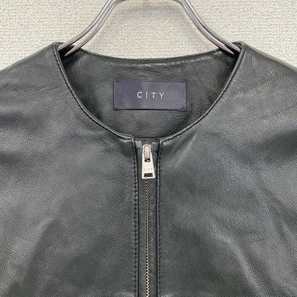 CITY　シティ　ノーカラーラムレザージャケット　シングルライダースジャケット　黒　ブラック　0サイズ