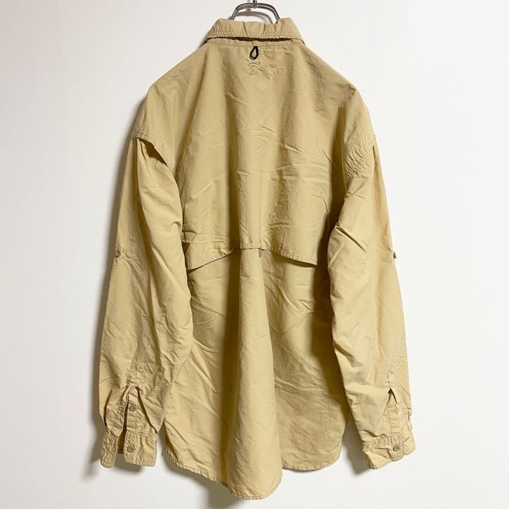 古着 used　TROPHYSHIRT　長袖ワークシャツ　ワンポイント刺繍　ベージュ　キャメル　秋冬服　レトロ
