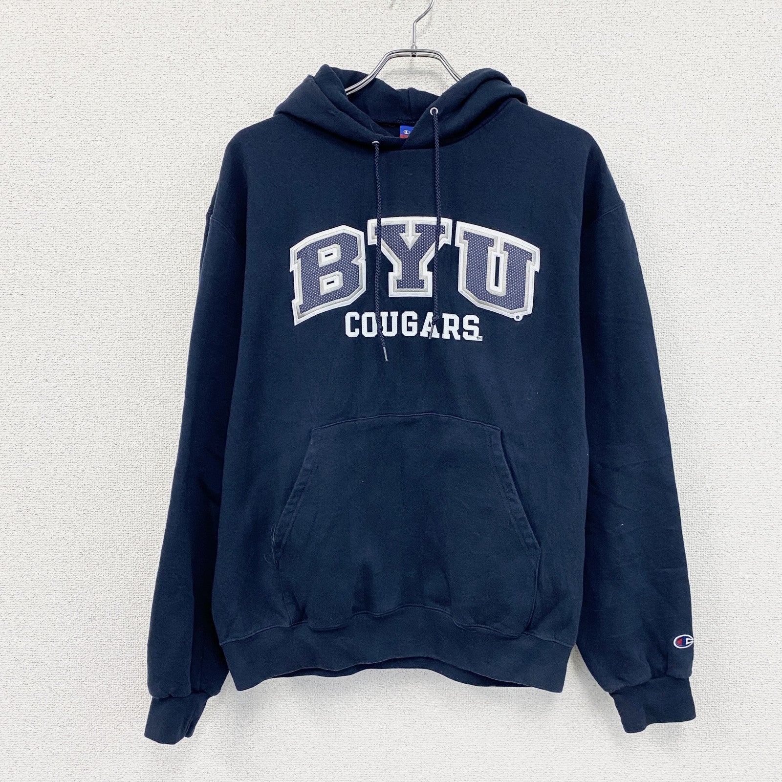 00s　champion　チャンピオン　スウェットパーカー/フーディー　アーチプリント　刺繍ロゴ　ワッペン　紺　ネイビー　Lサイズ