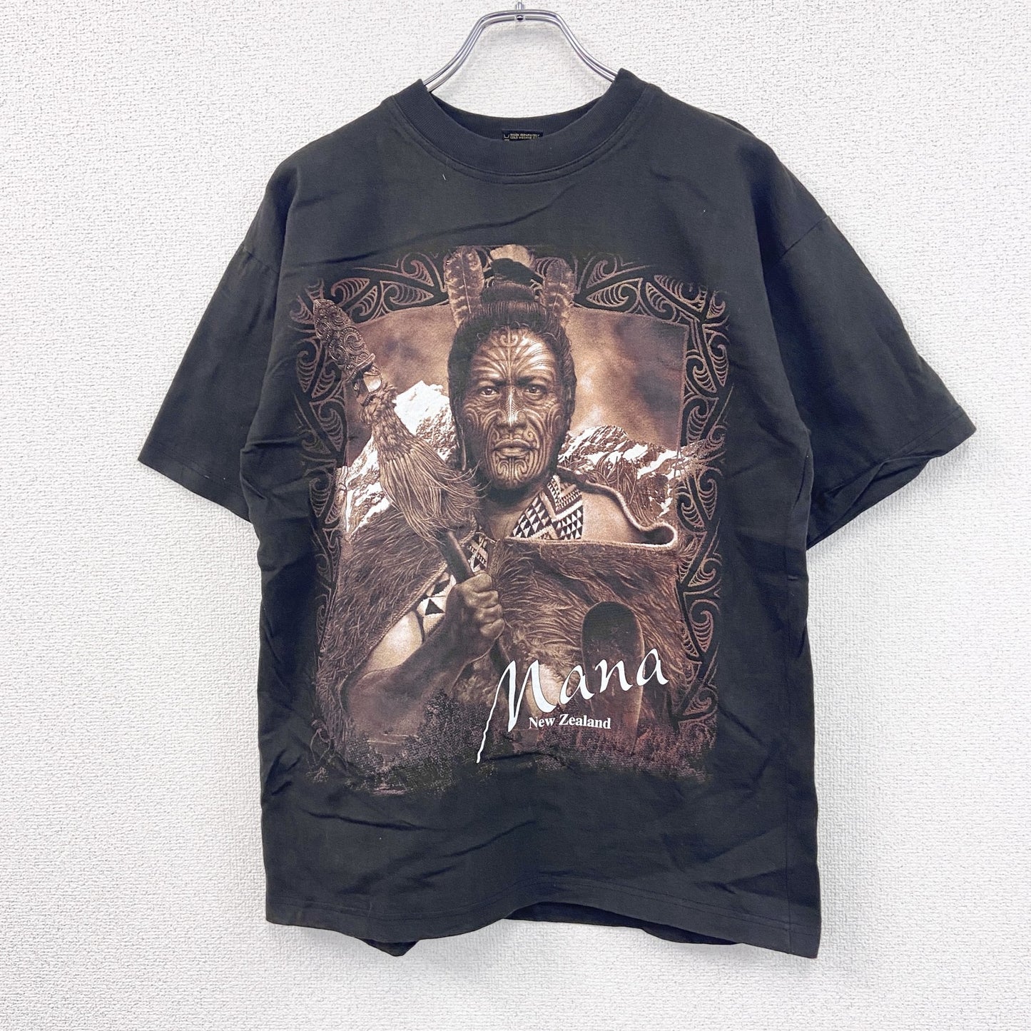 AOTEAROA　半袖プリントTシャツ　スーベニア　民族　インディアン　Mana　黒　ブラック　Lサイズ