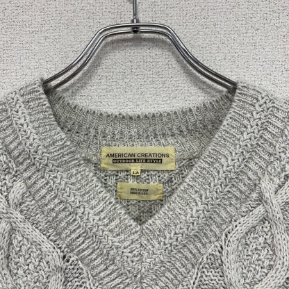 AMERICAN CREATIONS　コットンニットセーター　Vネック　ケーブル編み　灰色　ライトグレー　Lサイズ
