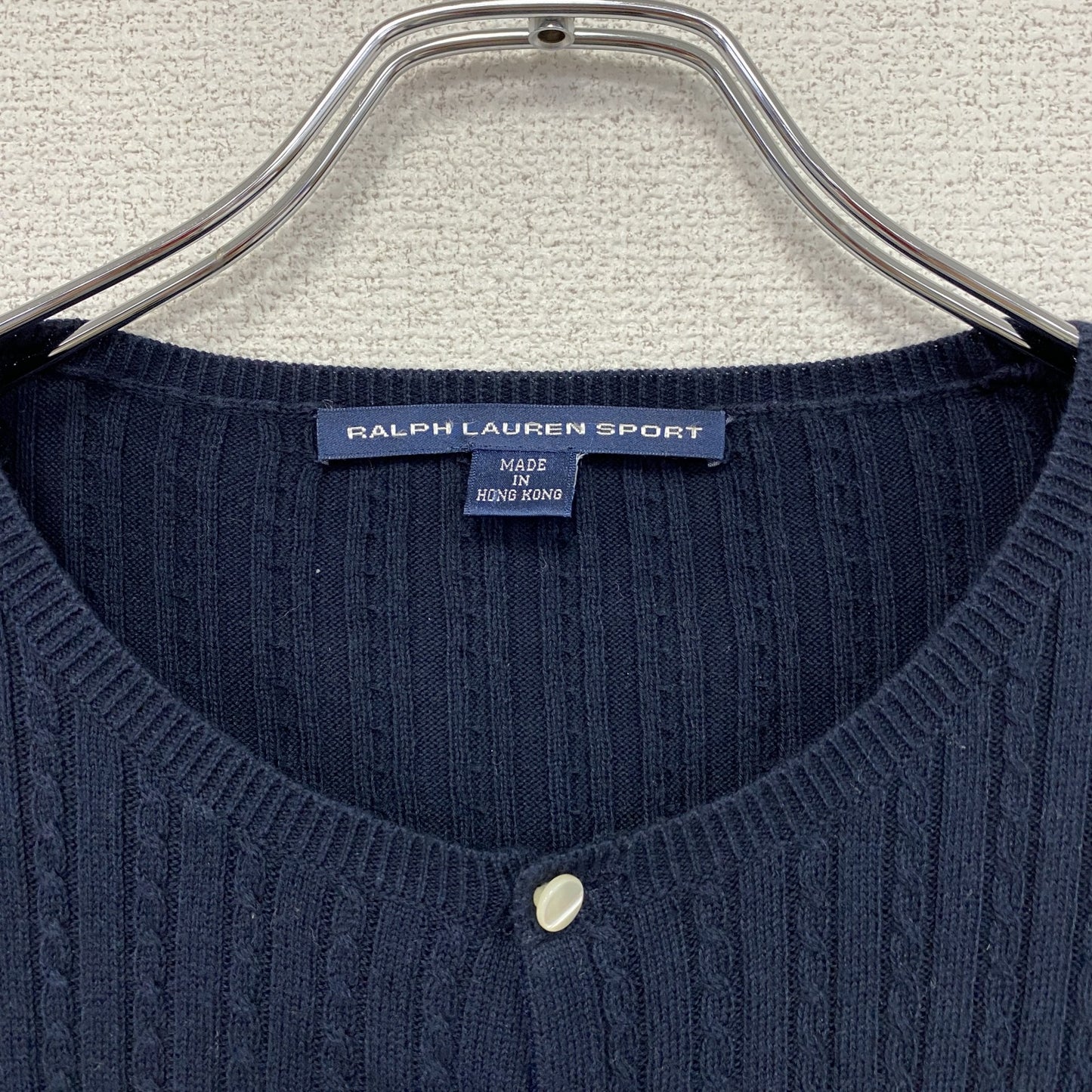 90s　RALPH LAUREN SPORT　ラルフローレンスポーツ　コットンニットカーディガン　刺繍ロゴ　紺　ネイビー　Mサイズ
