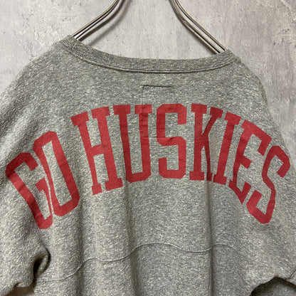古着 used　LEAGUE　長袖スウェット　バックプリント　トレーナー　GO HUSKIES　フットボール　グレー　Lサイズ