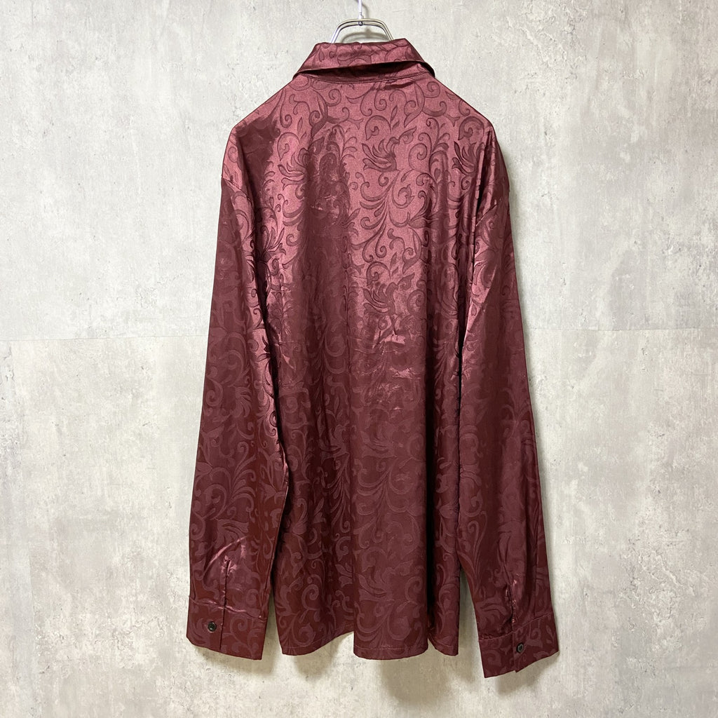 古着 used　長袖総柄シャツ　赤　レッド　光沢　レトロ　個性的　メンズ　レディース　オーバーサイズ　XXLサイズ