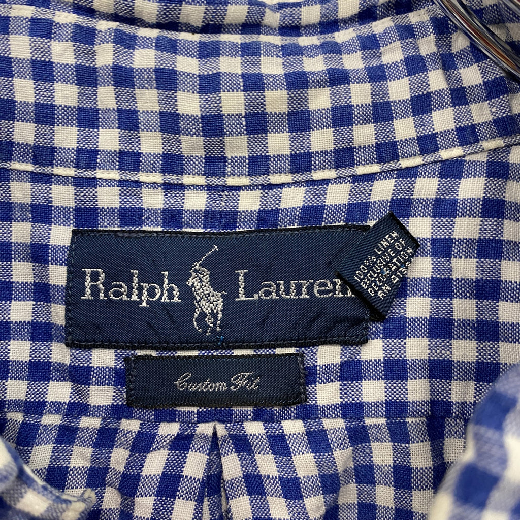 Ralph Lauren　ラルフローレン　長袖リネンボタンダウンシャツ　ギンガムチェック　青　ブルー　Lサイズ